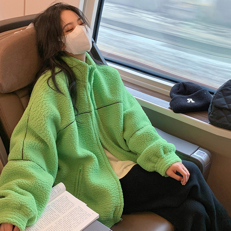 2021年新款御姐秋冬季女装小香风羊羔毛绿色外套加厚小个子高级感