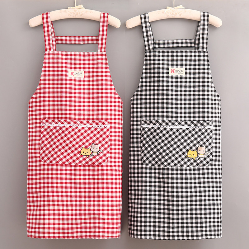 小清新高档纯棉围裙家用厨房女时尚格子做饭双层防水无袖背带围腰