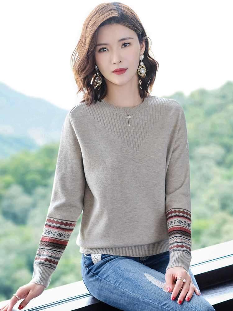 妈妈圆领套头毛衣女士秋冬2022年新款低领加厚内搭春秋针织打底衫