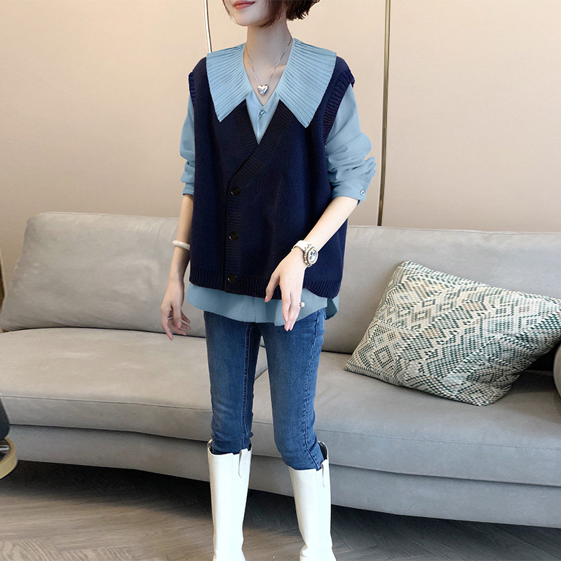 藏青色针织马甲衬衫套装女时尚洋气两件套上衣春秋2022新款欧洲站