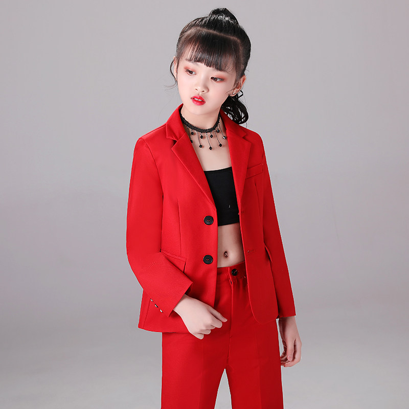 女童西装套装洋气时尚外套模特走秀小西服红色白儿童礼服炸街秋冬