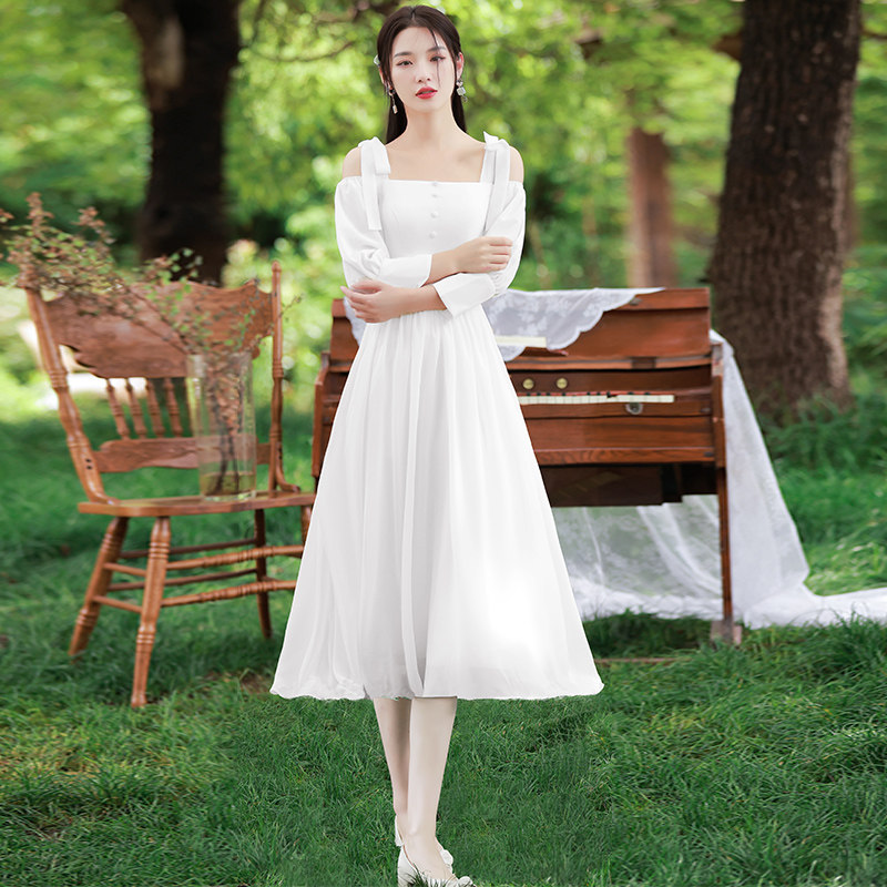 白色派对法式洋装小礼服正式场合宴会高端小众吊带领证小白裙夏季