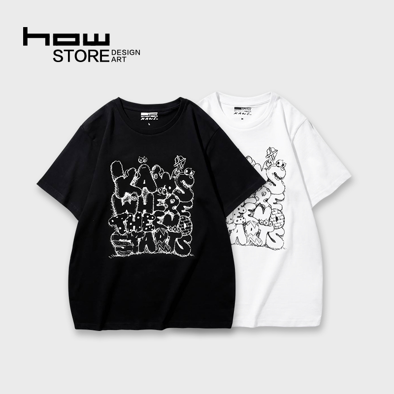 howstorekaws始于终点系列黑白t恤正品限定涂鸦艺术