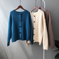 Net red new ox horn button knitted shirt women's loose and lazy soft waxy cardigan coat spring and autumn small man Korean version top