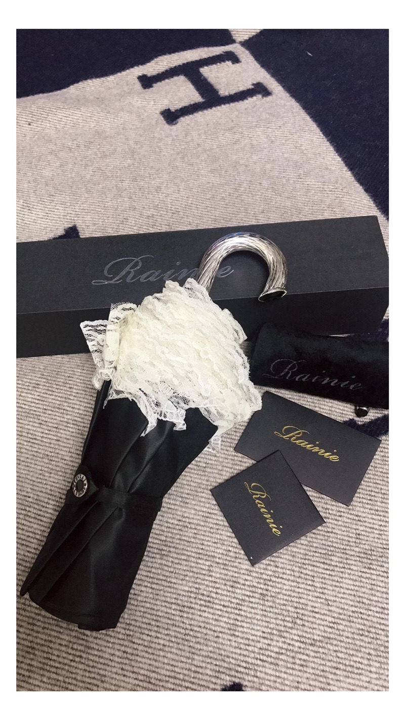 rainie雷尼折叠伞遮阳伞白色蕾丝边黑伞银弯钩把手三折伞女神轻便