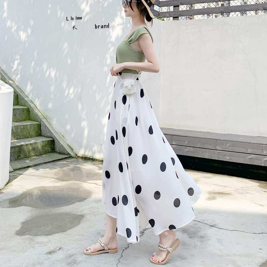 大波点半身裙雪纺中长款夏高腰a字白底黑点过膝长裙女白色斑点