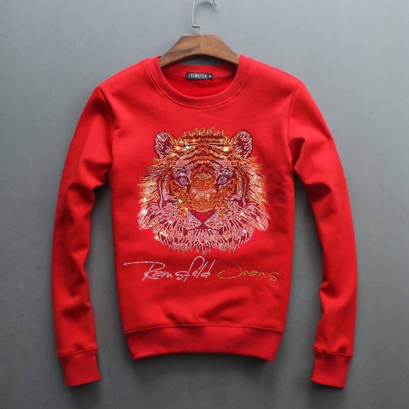 虎年本命年衣服卫衣男2022新款春冬季帅气烫钻虎头圆领t恤上衣男