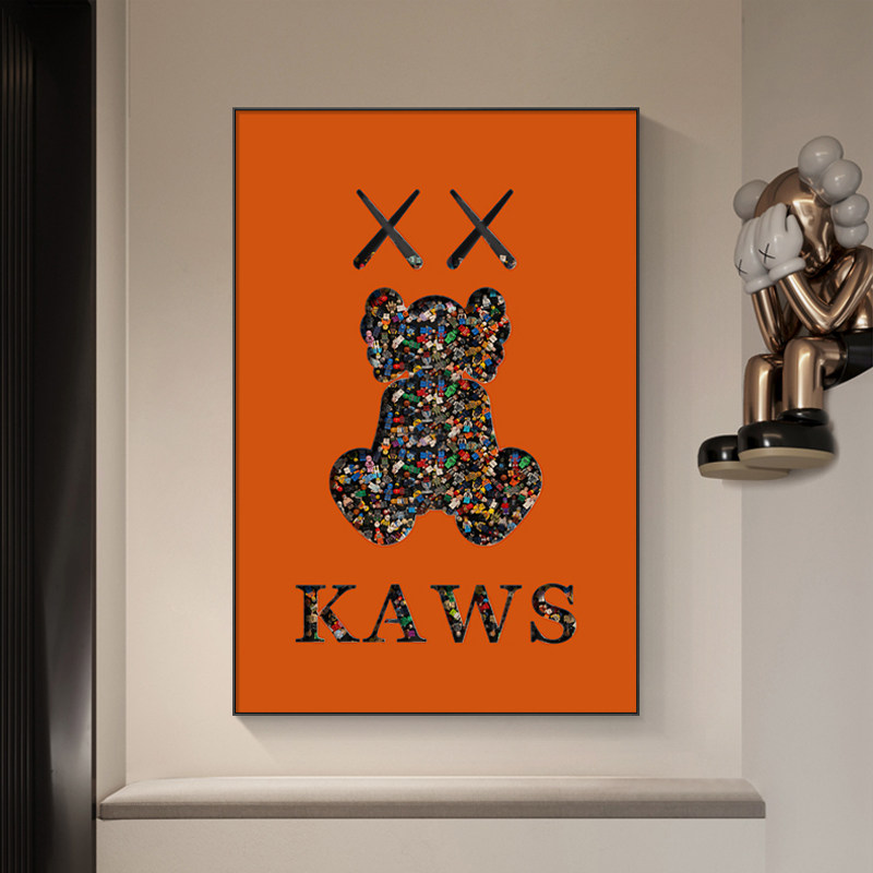 kaws乐高玄关装饰画艺术潮流墙面挂画客厅过道橙色卡通立体实物画