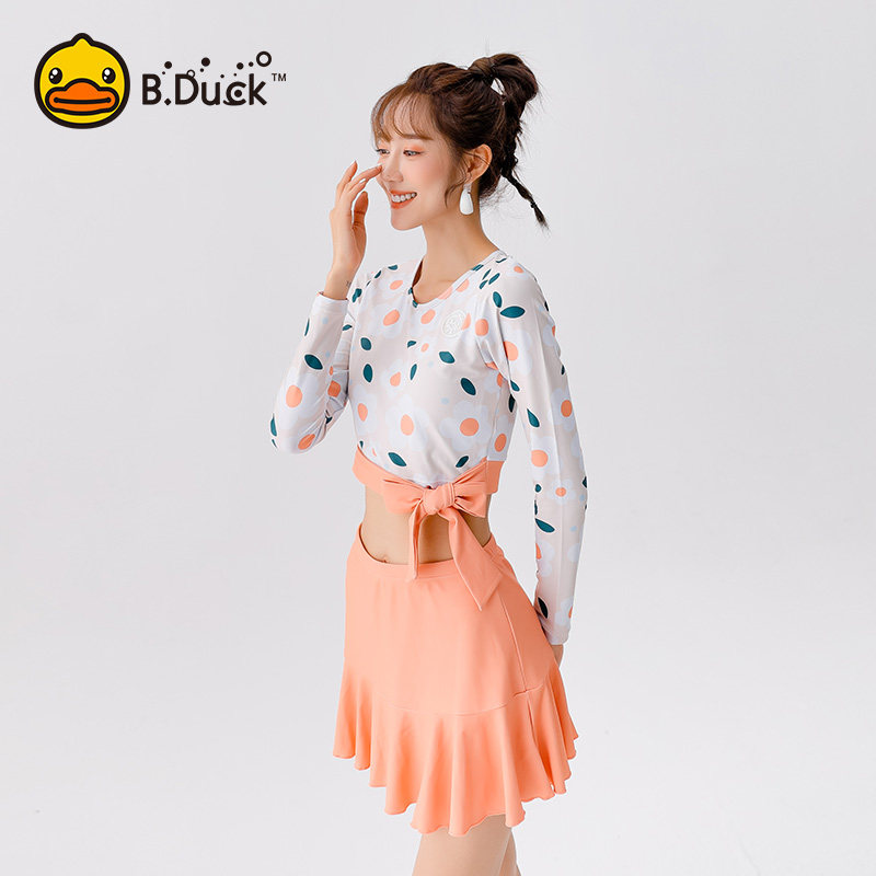 duck小黄鸭泳衣女2021新款性感长袖防晒分体露脐裙式温泉游泳衣