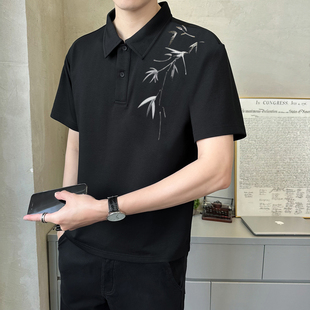 新中式国风竹子刺绣短袖衬衫男夏季设计感高克重POLO衫五分袖上衣