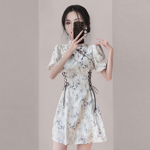 新中式复古改良旗袍裙2024夏季新款水墨画收腰显瘦气质绝美连衣裙