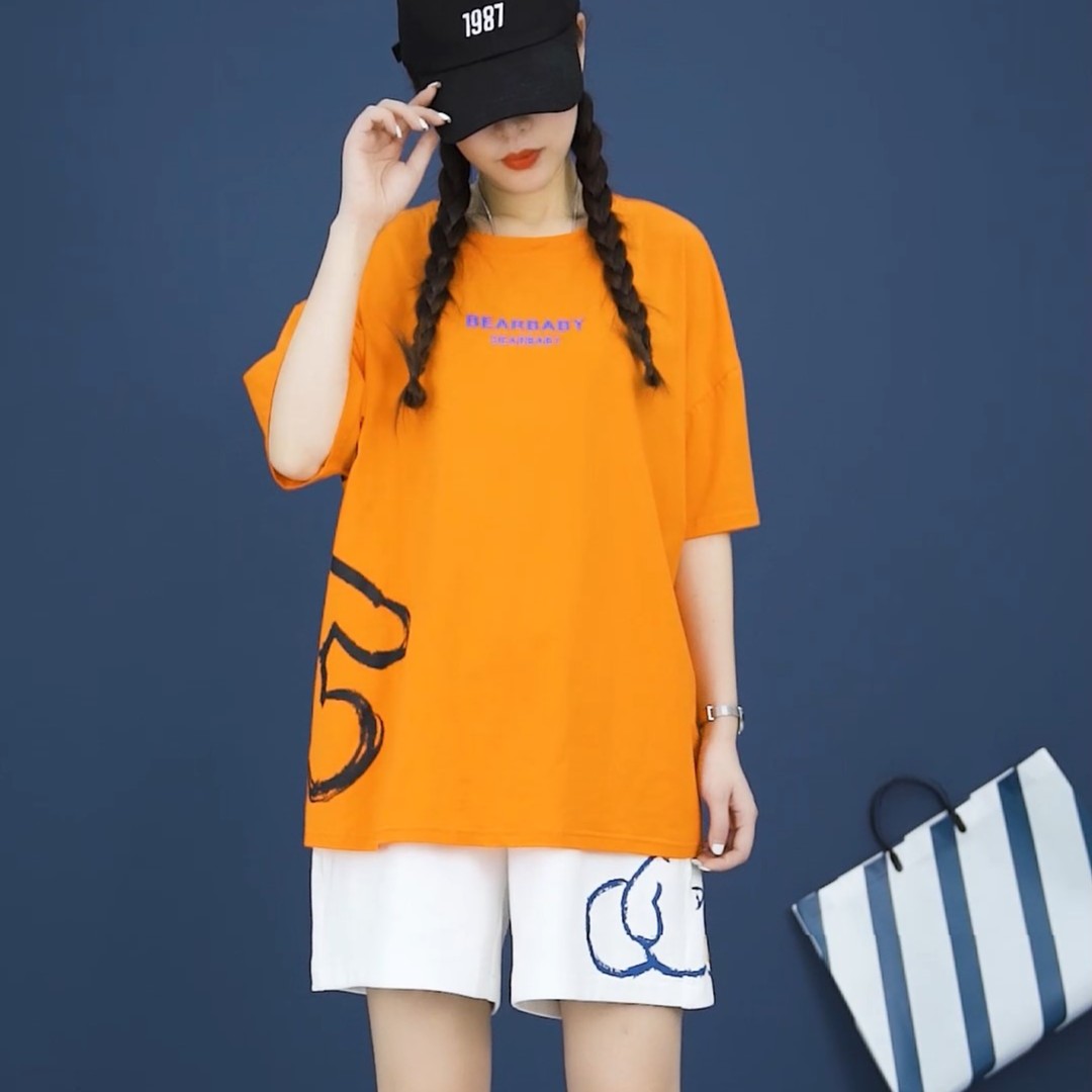 芭莎密码套装橘色001夏季穿搭休闲半袖时尚小熊短袖t恤上衣短裤女