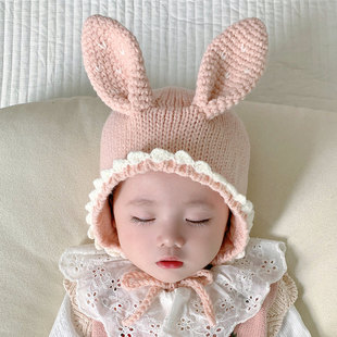 女童帽子冬季兔耳朵护耳婴儿毛线帽公主可爱秋冬女宝宝手工针织帽