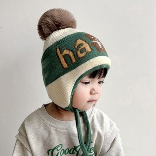 宝宝帽子冬季时尚小熊毛球护耳帽男童小孩秋冬加厚针织儿童毛线帽