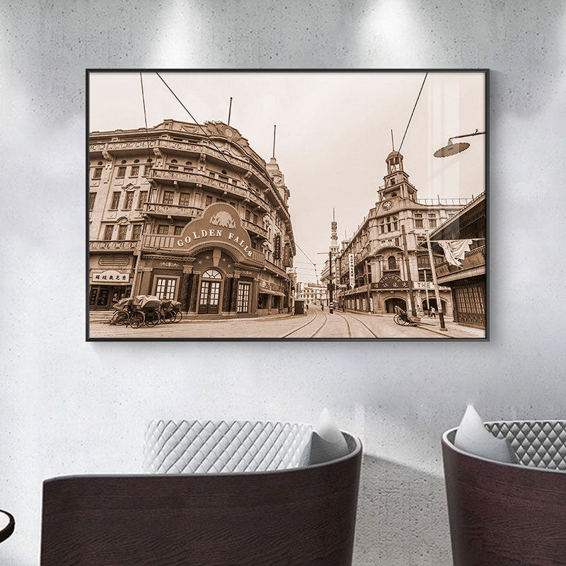 饰说老上海怀旧复古民国风有框装饰画建筑街景火锅店包厢背景壁画