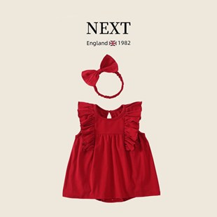 英国NEXT夏季无袖纯棉公主裙女宝宝包屁衣红色满月周岁礼服连体衣