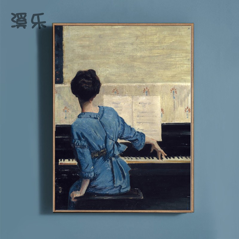 威廉梅里特蔡斯弹钢琴的女子轻奢复古装饰画卧室床头挂画餐厅