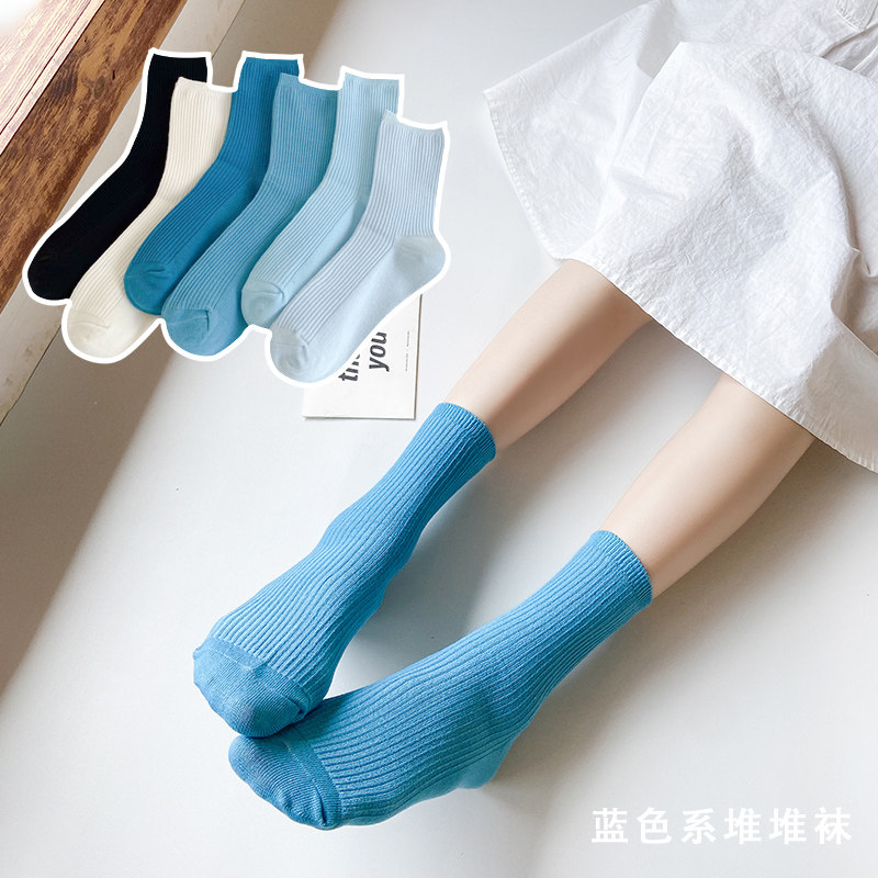 克莱因蓝袜子蓝色女中筒长筒袜外穿男潮流百搭小腿袜及膝袜宝蓝色