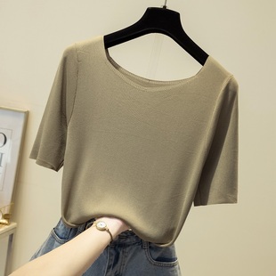 韩国冰丝针织衫女士2024年夏季新款大码女装薄款方领短袖T恤上衣