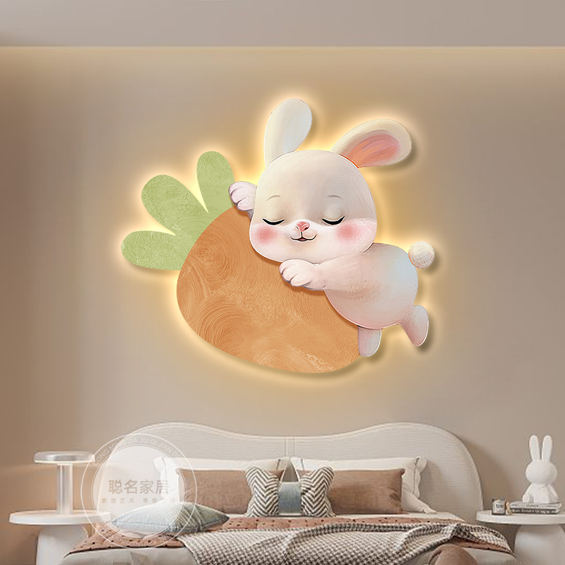 玉兔儿童房装饰画创意发光灯画卡通萌宠男孩女孩房间卧室床头挂画