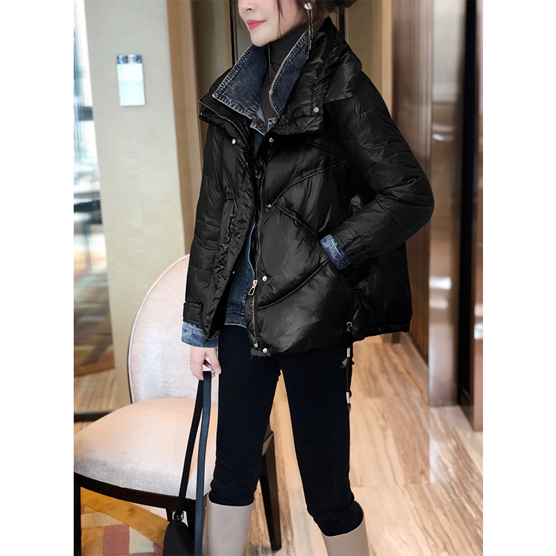 黑色短款牛仔拼接加厚羽绒服女小个子外套冬装2020年新款欧洲站潮