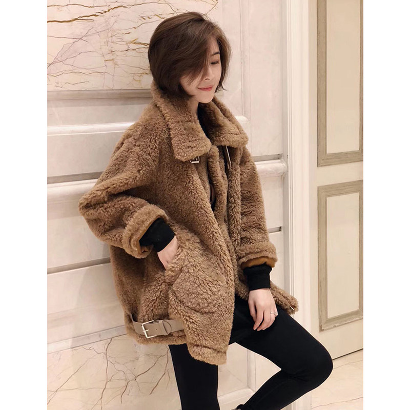 卡其色仿羊羔毛大衣女高领加厚宽松毛绒外套欧洲站2021年新款冬装