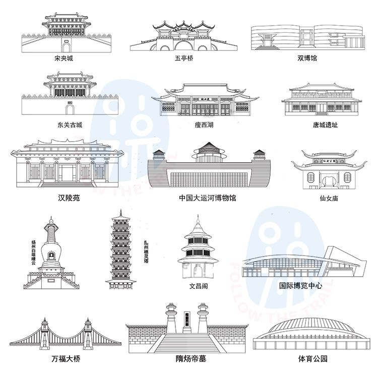 扬州城市地标线稿剪影 手绘线描旅游景点图标 AI格式矢量设计素材