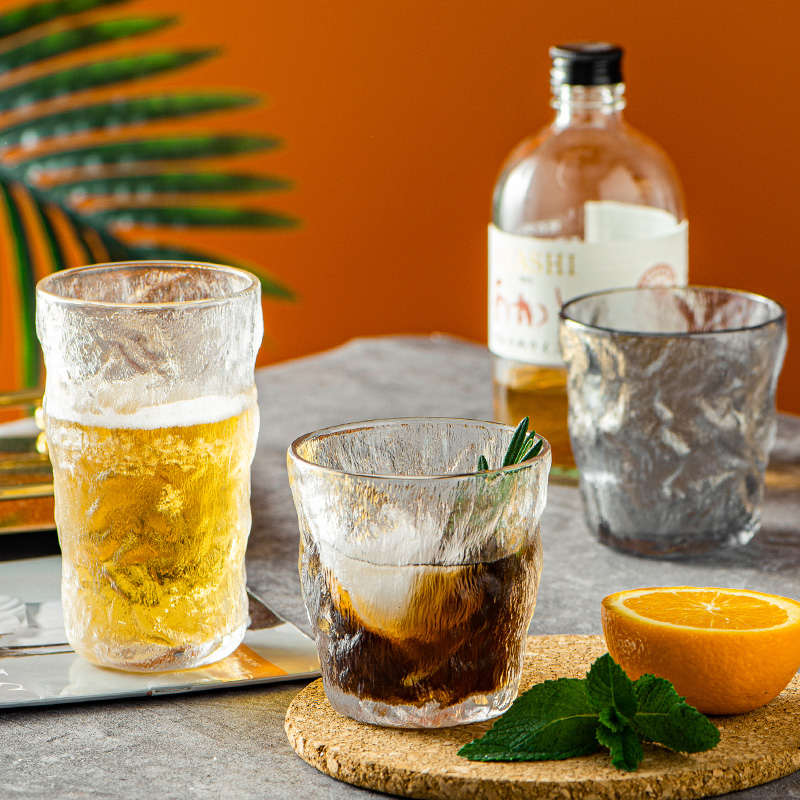 日式创意玻璃杯透明家用加厚玻璃水杯简约冰川纹威士忌杯茶水杯子