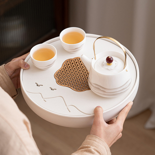 新中式圆形全陶瓷茶盘家用蓄水功夫茶具托盘小型茶海茶台沥水干泡