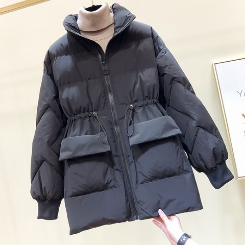 2019冬季新款韩国显瘦纯色立领收腰口袋中长款羽绒棉衣女棉服外套