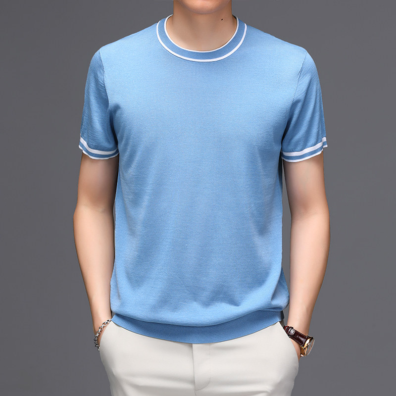 圆领桑蚕丝短袖t恤男士夏季薄款真丝青年潮流针织打底半袖体恤衫