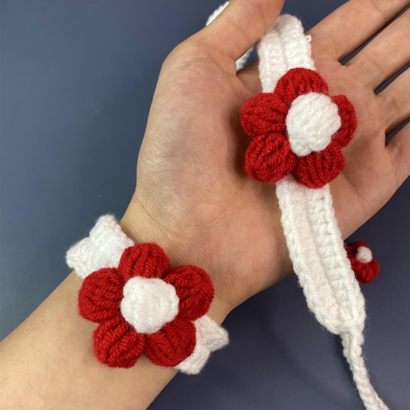 小红花手环diy手工编织材料包红色小花手绳成品毛线钩织胸针同款