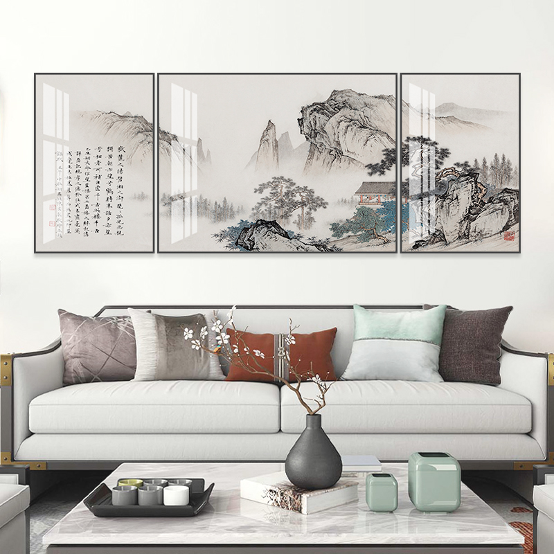 沙发背景墙装饰字画新中式大气三联国画书房新款壁画山水客厅挂画