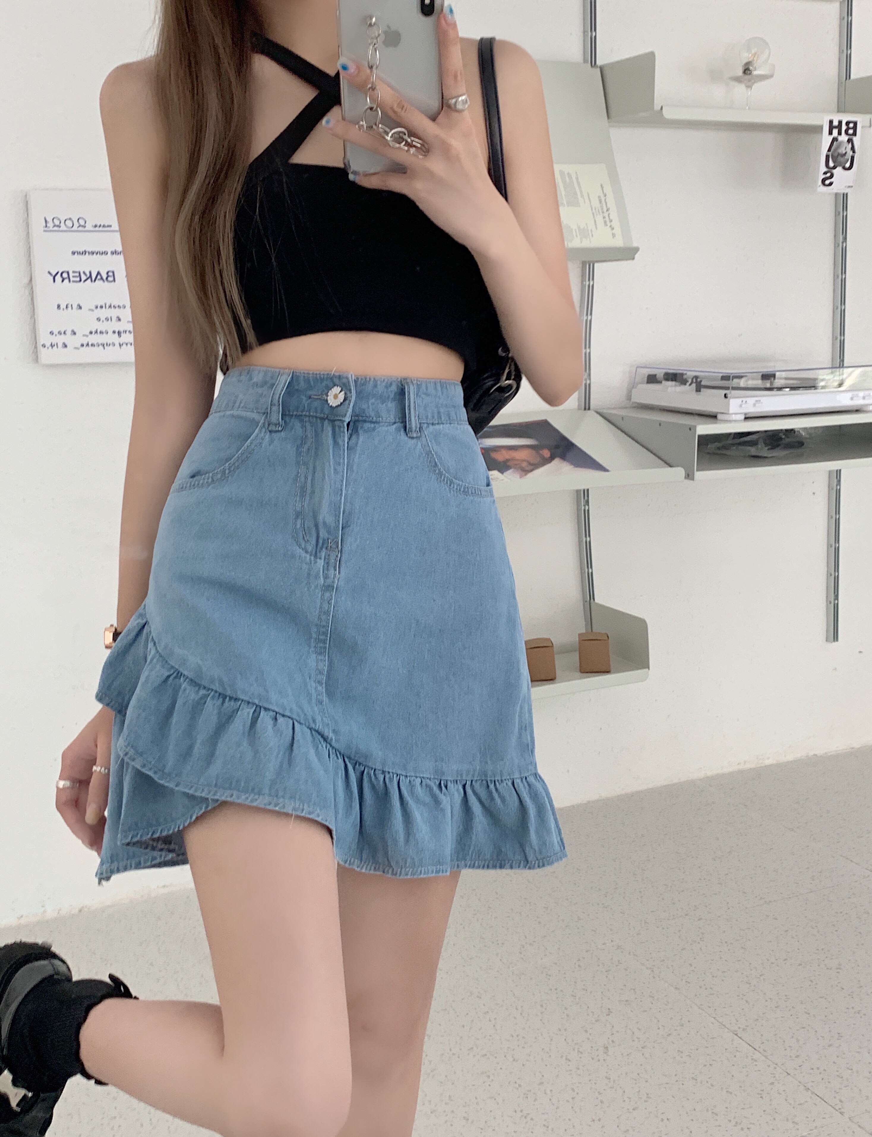 价~辣妹荷叶边牛仔半身裙女甜辣高腰鱼尾裙a字包臀