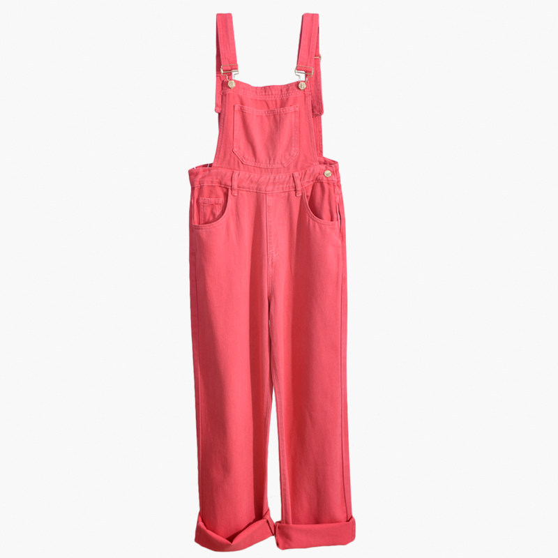 背带裤女红色宽松