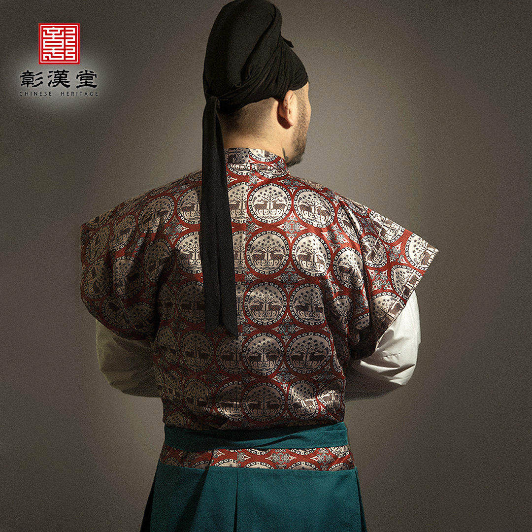 彰汉堂唐制交领半臂红地团窠对鹿纹大放量汉服男女四季丝博