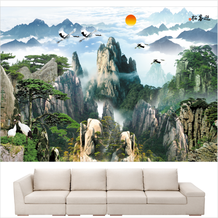 靠山图迎客松装饰画客厅办公室墙贴大山高山旭日东升有山无水壁画