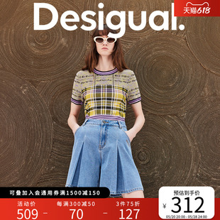 Desigual24春夏新款牛仔A字型叠褶刺绣花朵印花短裤女式牛仔裤