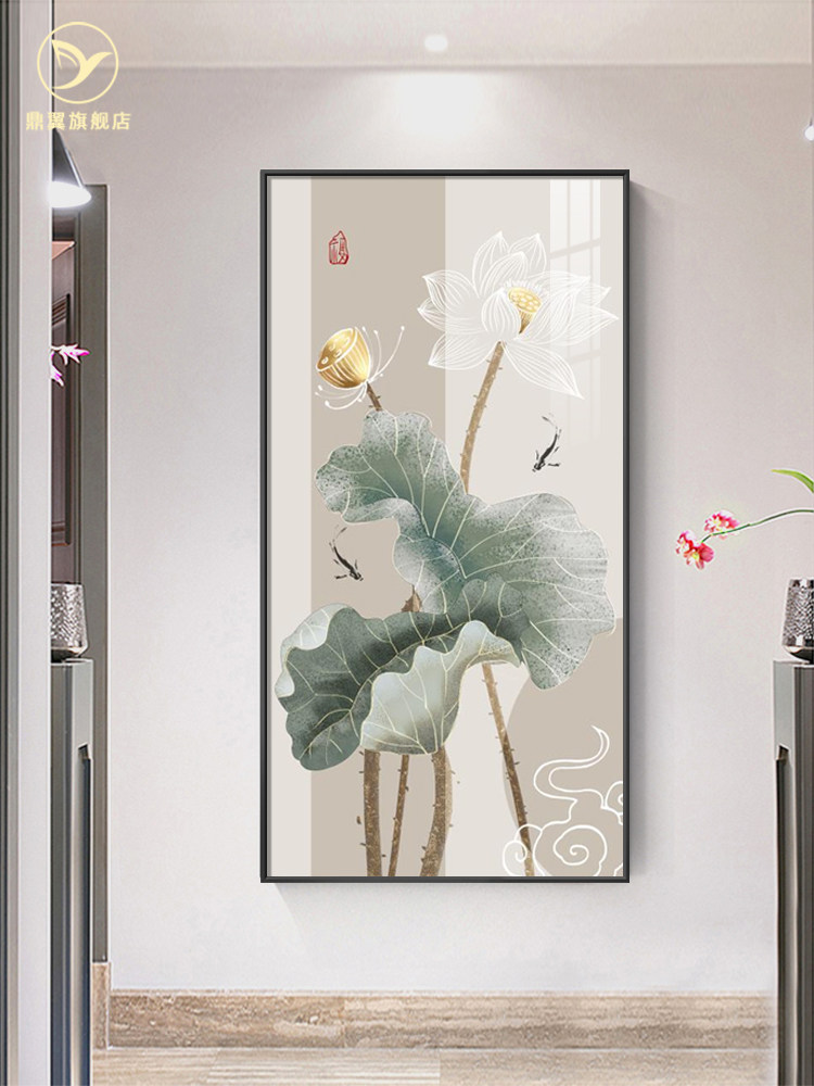 荷花挂画新中式入户玄关画2021新款招财正对门客厅走廊过道墙壁画
