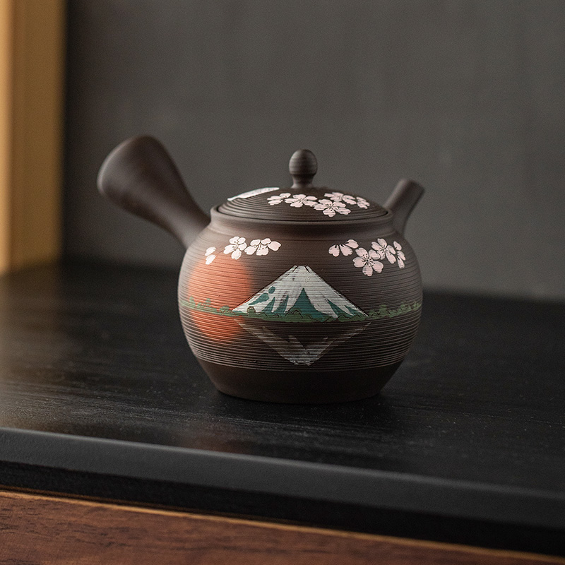 茶大叔日本常滑烧玉光作手工富士樱花侧把急须日式粗陶过滤泡茶壶