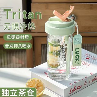 食品级Tritan耐高温水杯女生新款吸管杯学生便携茶水分离塑料杯子