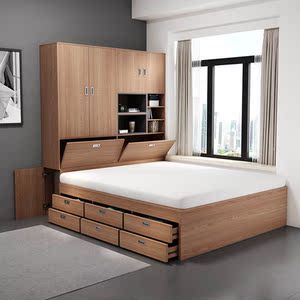 的床加衣柜一体设计小卧室多功能房间欧式带抽屉简欧北欧