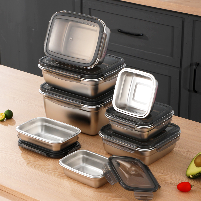 食品级保鲜盒正方形不锈钢304冰箱密封收纳专用大容量 泡菜腌制盒