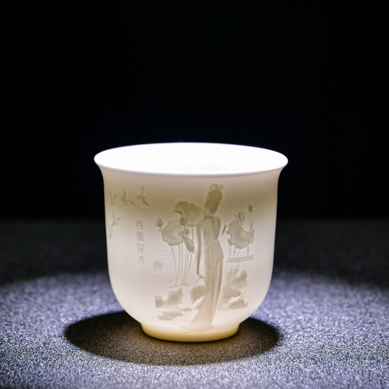 品茗茶杯德化羊脂玉白瓷浮雕心经单杯主人杯陶瓷功夫茶碗大号茶盏