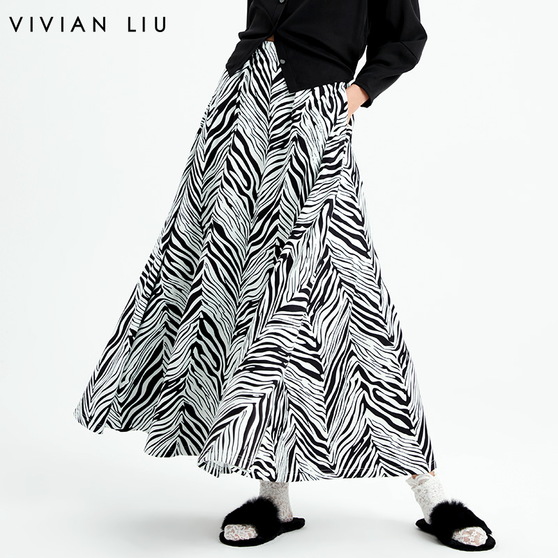 vivian liu y2047401 2020秋女装新款清新黑白花纹松紧腰半裙长裙
