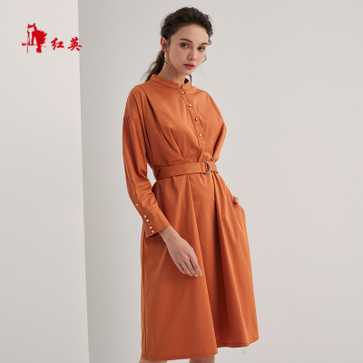vivian liu/红英r1944101 秋装女新款系腰带系扣立领连衣裙