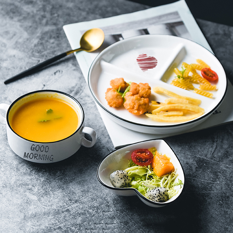 日式创意三格分餐盘家用陶瓷分格盘菜盘一人食早餐盘碟子餐具套装