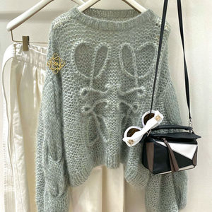 灯笼袖针织毛衣2021年早秋新款圆领落肩立体钩花镂空开衫温柔淑女