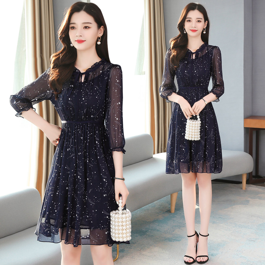 碎花雪纺连衣裙女2021年春夏季新款七分袖收腰显瘦女神范气质裙子