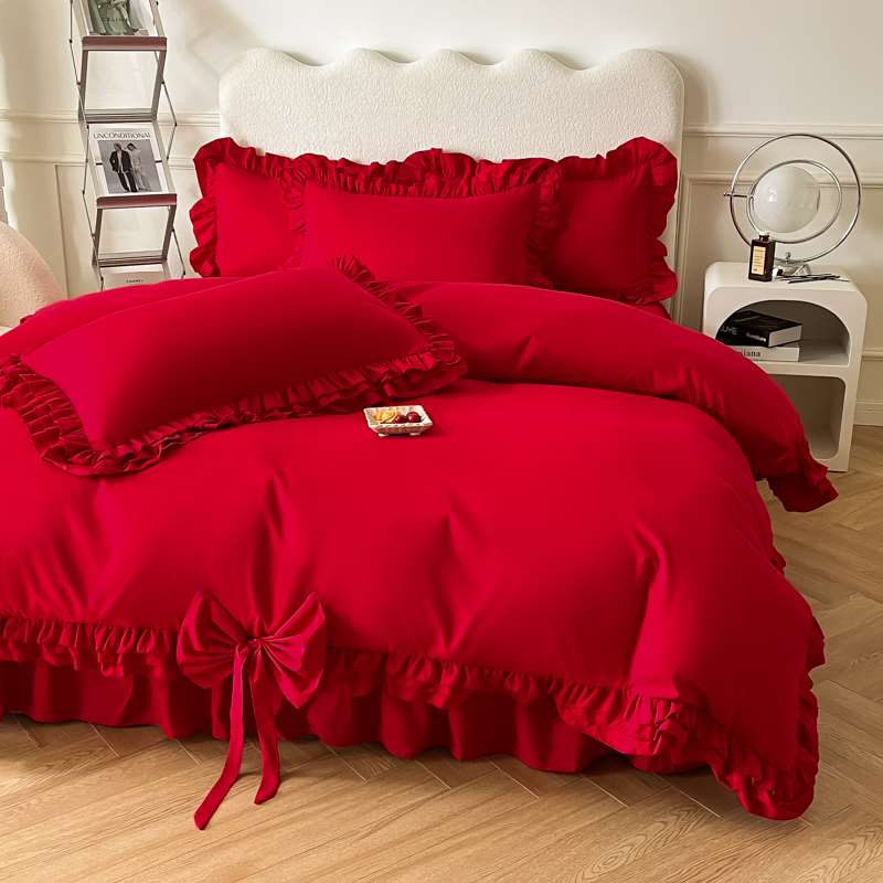 新品中国风大红简约床上婚庆纯棉四件套全棉大红色床单床笠款床上